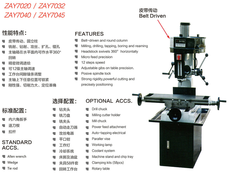 BELT DRIVE DRILLING AND MILLING MACHINE ZAY7020-ZAY7032-ZAY7040-ZAY7045