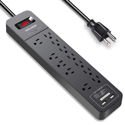 Surge Protector 12 Outlets 2 USB Ports Black
