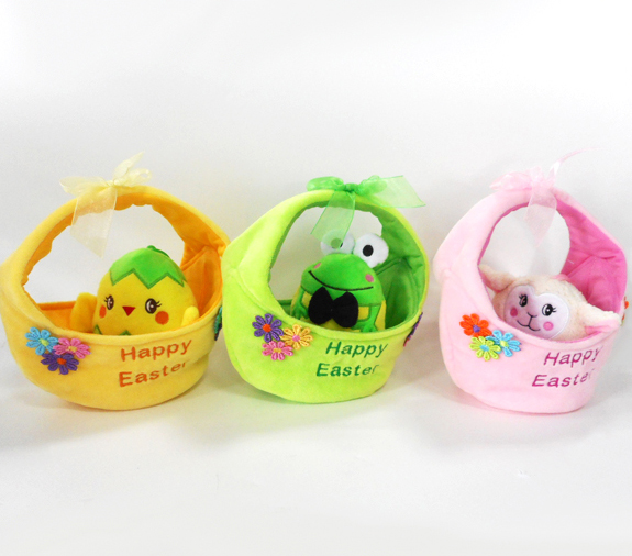 Plush Easter Animals Chicken Frog Sheep Toys in Basket 