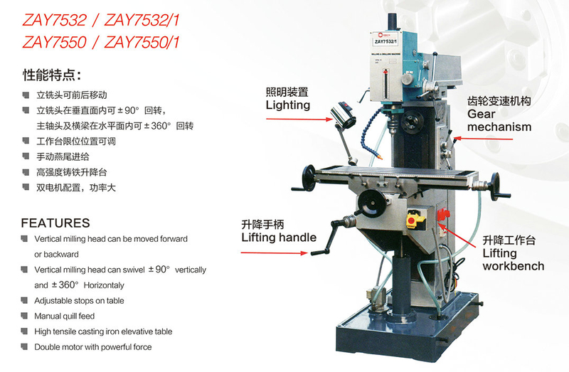 Auto feeding -speed change cyclically Vertical &Horizontal milling head Drilling Milling Machine ZAY7532/1---ZAY75550/1