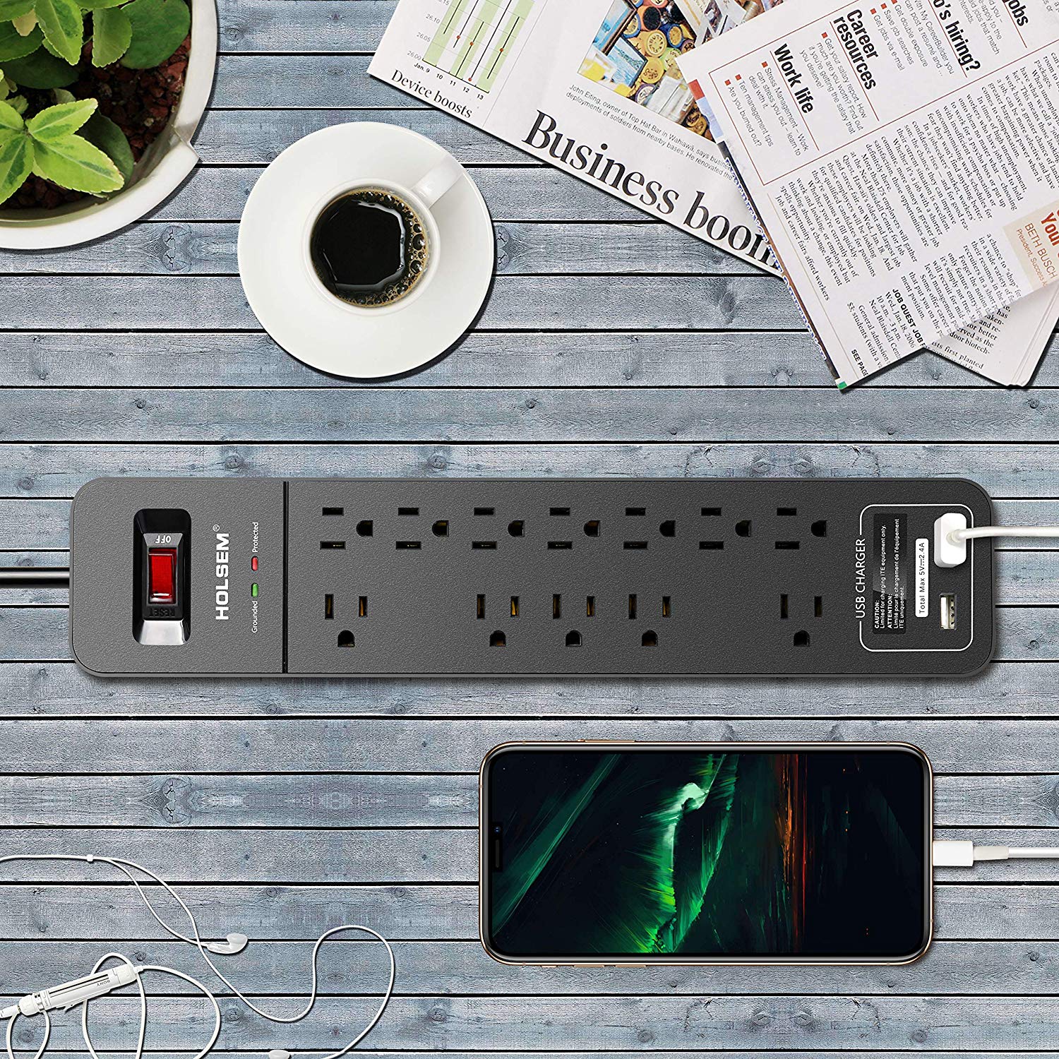 Surge Protector 12 Outlets 2 USB Ports Black