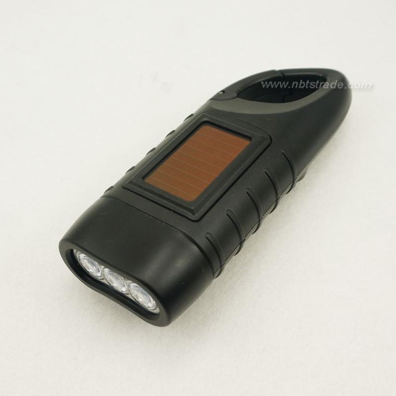 Dynamo Hand Crank And Solar Power LED Flashlight with Carabiner Clasp