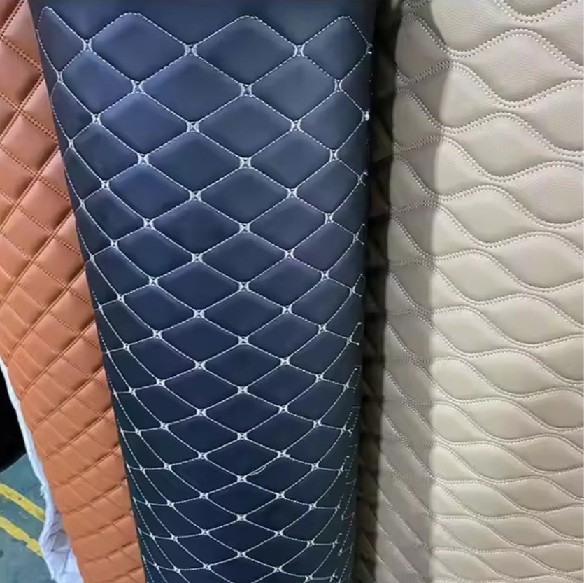 高品质刺绣绗缝 PVC 合成革定制汽车脚垫合成革卷材