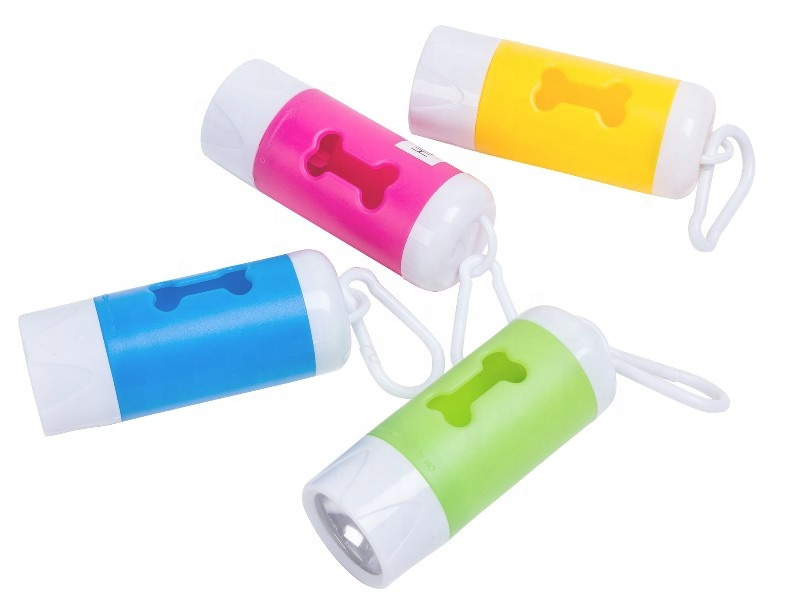 Promotional custom Biodegradable plastic LED Flashlight dog shape pet poop waste bag holder dispenser with Torch