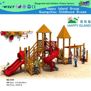 Aire de jeux extérieure en bois pour enfants avec toboggan en plastique à vendre (HD-5701)
