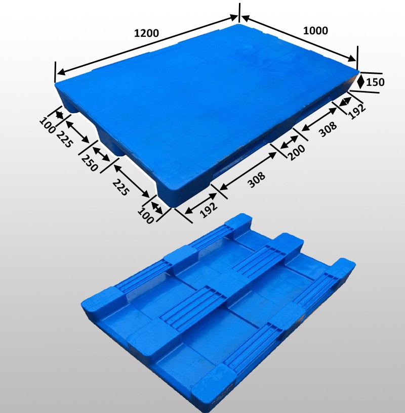 Paletas de plástico de 1200 * 800 * 150 mm con 3 guías y superficie lisa