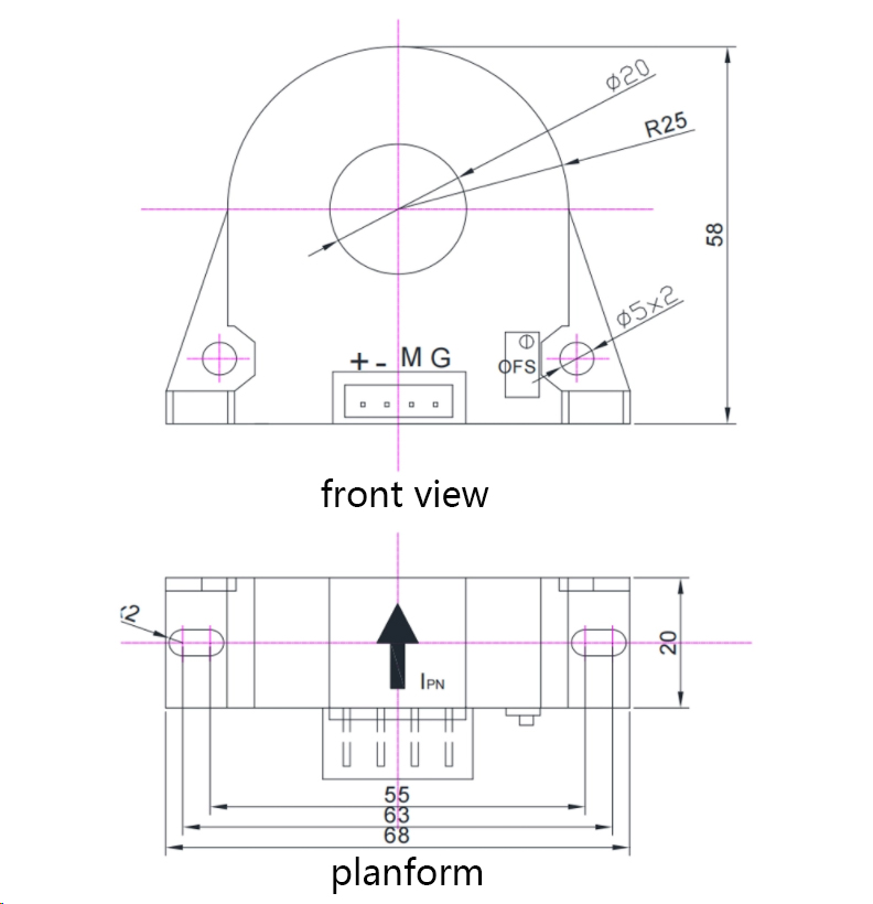Dimensions ابعاد سنسور جریان نشتی TR0215-LXN
