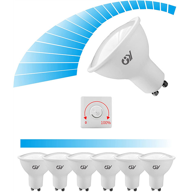 GY GU10 LED Bulb 7w (75w Equivalent) 6500k Cool White, 600lm, 120 Degree Beam Angle, Stepless Dimming, Pack of 6