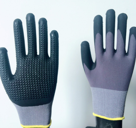 15G nylon + lycra with micro nitirle foam dotted gloves