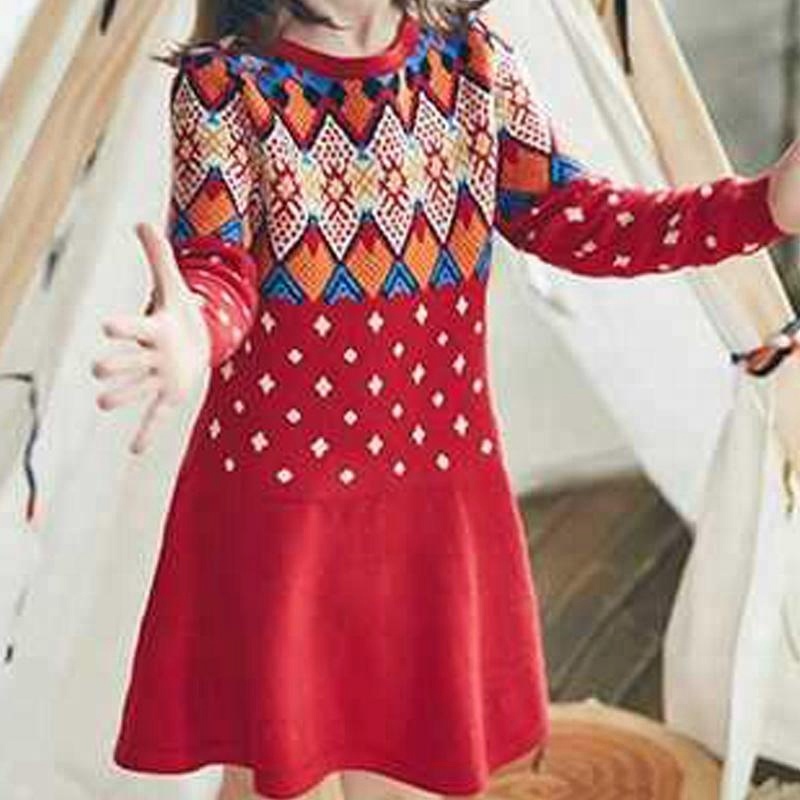 Wholesale Girls Autumn Winter Knitted Cotton Cashmere Smart Long Sleeve Christmas Knitted Dress