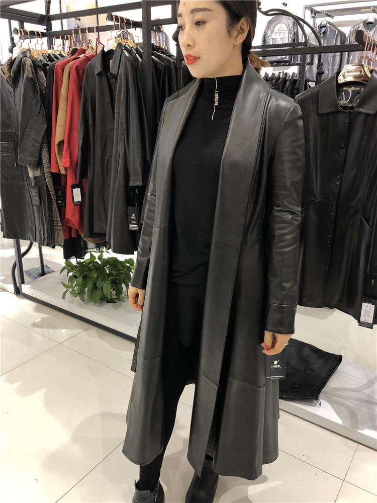 Long trench women black leather latest fashion coat sheep leather