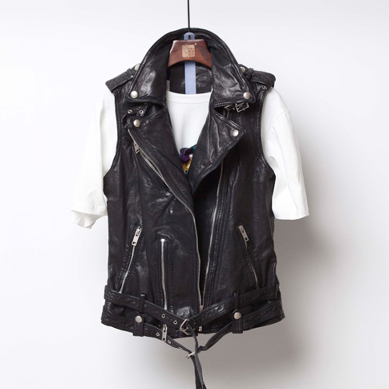 P18E092BE women casual cool fashion classic genuine sheepskin leather motorcycle biker vest with snap button