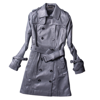 P18E089BE ladies autumn long sleeve high quality sheepskin leather long wind jacket coats with pockets and buttons