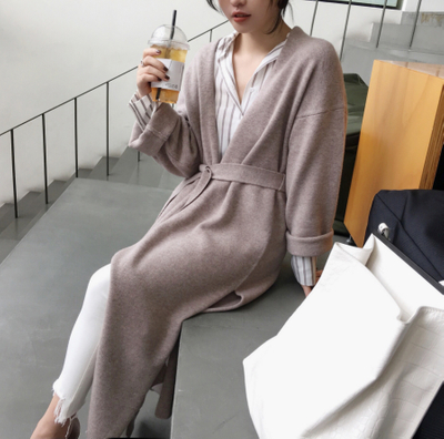 P18B097CH high quality fine knit wool cashmere solid color women winter coat long sleeves side slit bathrobe cardigan sweater