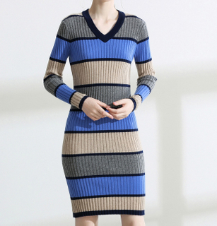 PK18ST079 Colour Stripe Well Fitted Women Dresses Sweater Fashion Dress Cashmere Sweater