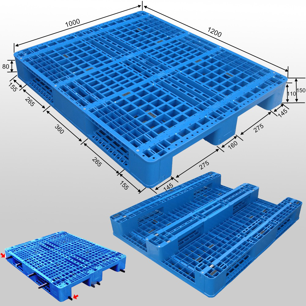 Paleta de plástico industrial de 1200 * 1000 * 150 mm con 3 guías y plataforma de lío