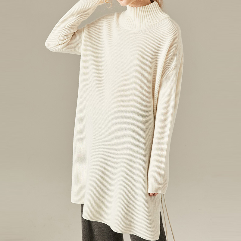 P18B105BE women's autumn winter cashmere knitted solid color turtle neck cable design long dress sweater
