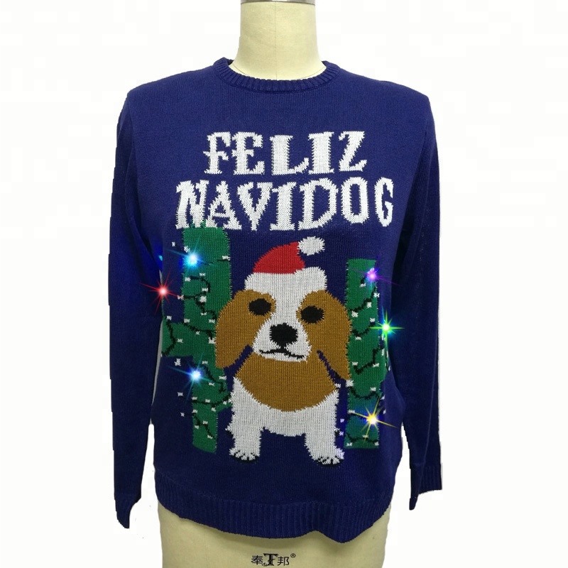 Unisex adults OEM polyester or acrylic LED lights cartoon dog christmas pullover sweater