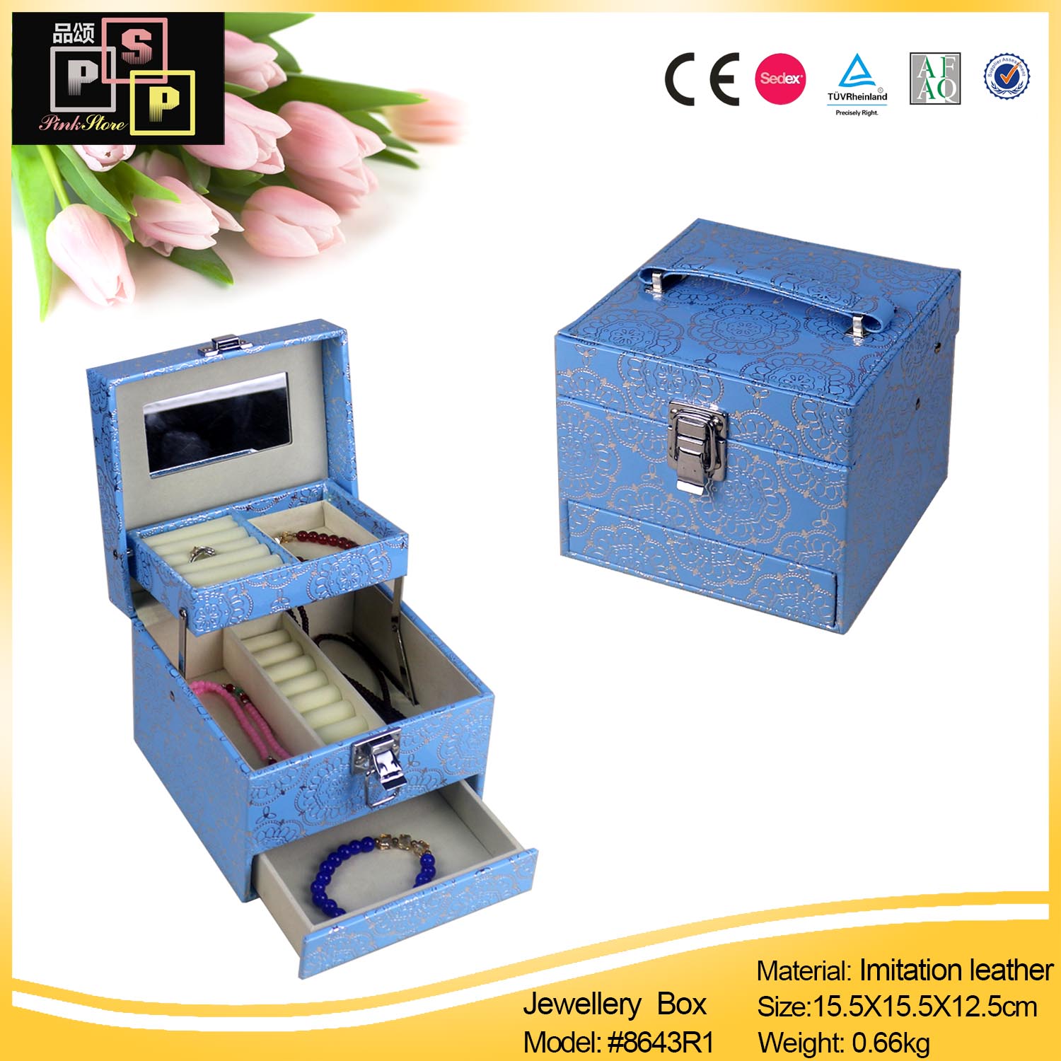 Blue Stamping PU Leather three pieces Jewelry Box Locked and Hinged