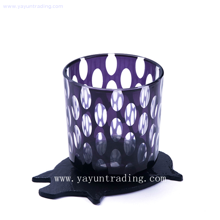 hand cut curved bottom glass candle holder with purple color