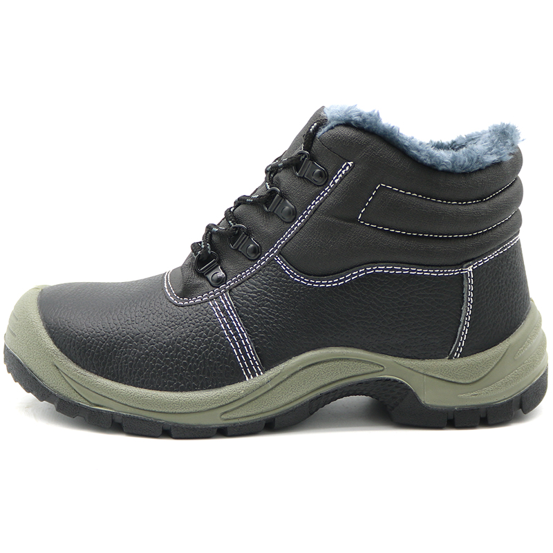 Anti Slip Black Leather Fur Lining Safety Shoes Winter Steel Toe Cap