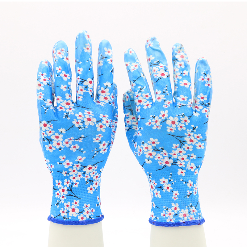 Blue Polyester Liner Fashionable Waterproof Nitrile Floral Gardening Gloves Ladies 