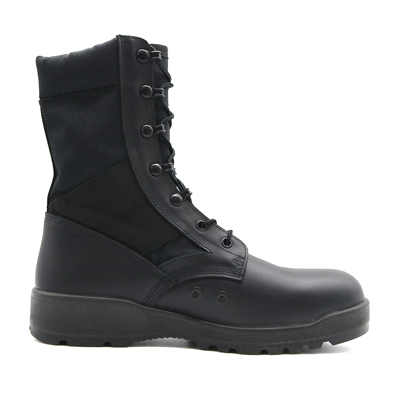 Black Leather Rubber Sole Combat Army Boots with Steel Toe