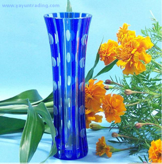 Cobalt blue Bohemian Czech hand etched glass flower vase 