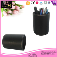  Black pu leather hand made desk top round tube pen holder