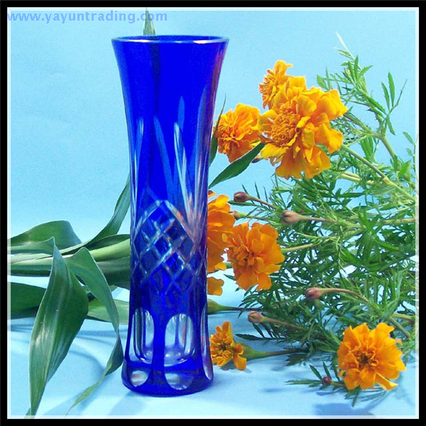 Cobalt blue Bohemian Czech hand etched glass flower vase 