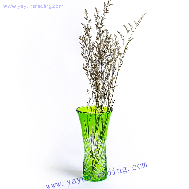 green cut to clear artificial glass flower vase