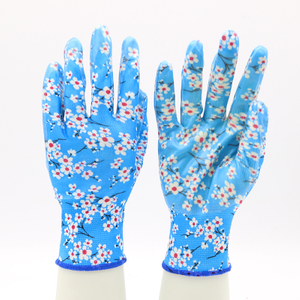 Blue Polyester Liner Fashionable Waterproof Nitrile Floral Gardening Gloves Ladies 