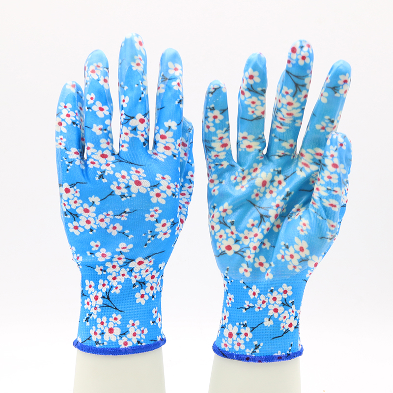 Blue Polyester Liner Fashionable Waterproof Nitrile Floral Gardening Gloves Ladies 