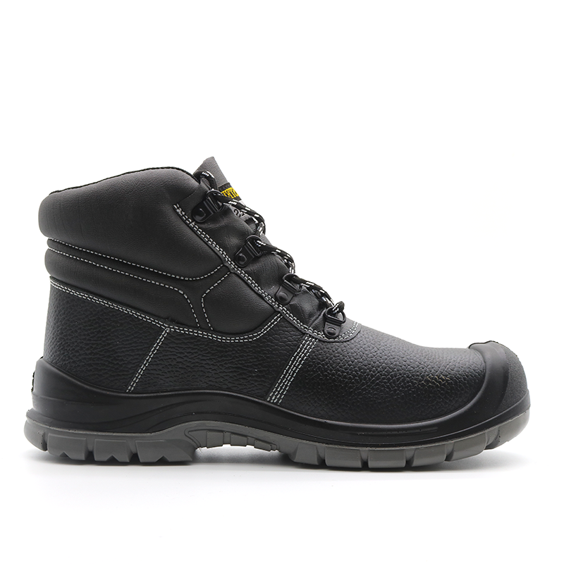 Anti Slip Pu Sole Black Cow Leather Steel Toe Safety Shoes for Men Construction