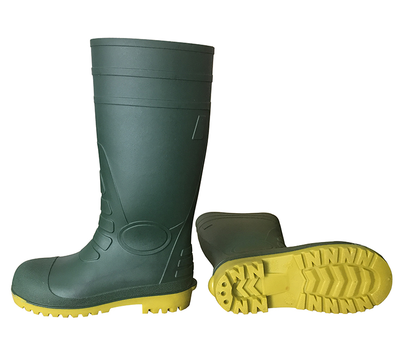 Green upper yellow sole safety pvc rain boots