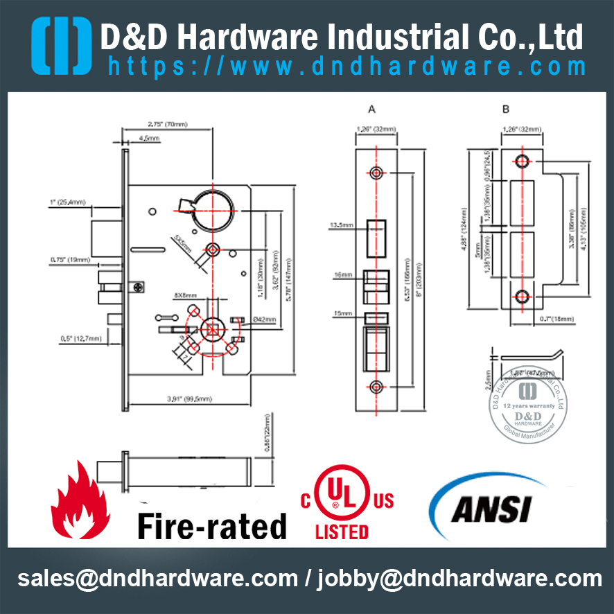 Cerradura de puerta de madera de mortaja resistente al fuego UL ANSI Grado 1 SS304-DDAL20 F20