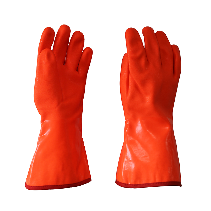Fluorescent Orange Oil Acid Resistant Waterproof Anti Slip Winter Cold Storage Working PVC Safety Gloves