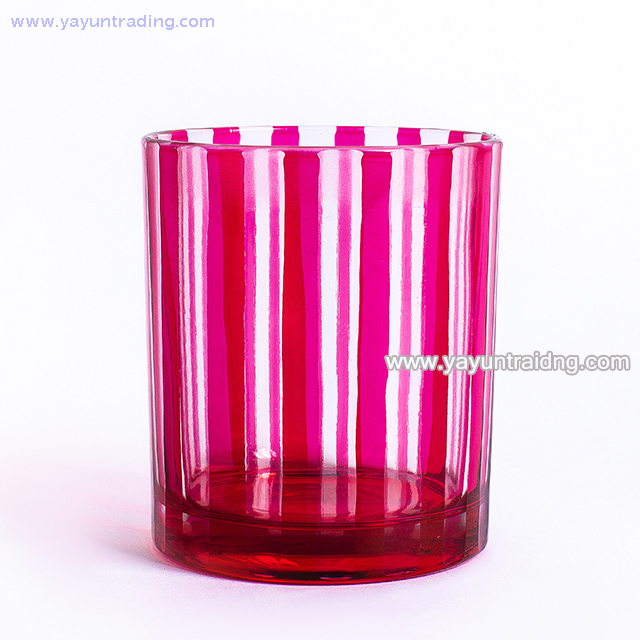  vertical stripes design glass candle container pink glass candle jar with slate coaster