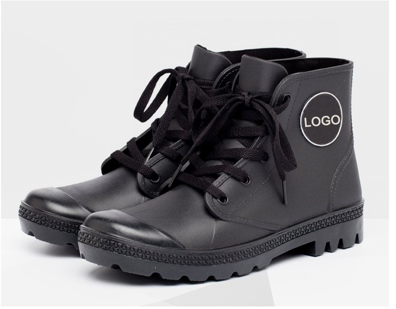 Black fashion lace up men style ankle rain boots shoes