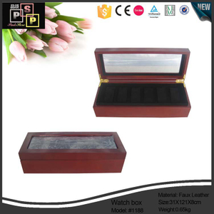 PU leather brown wood painted glass top watch box