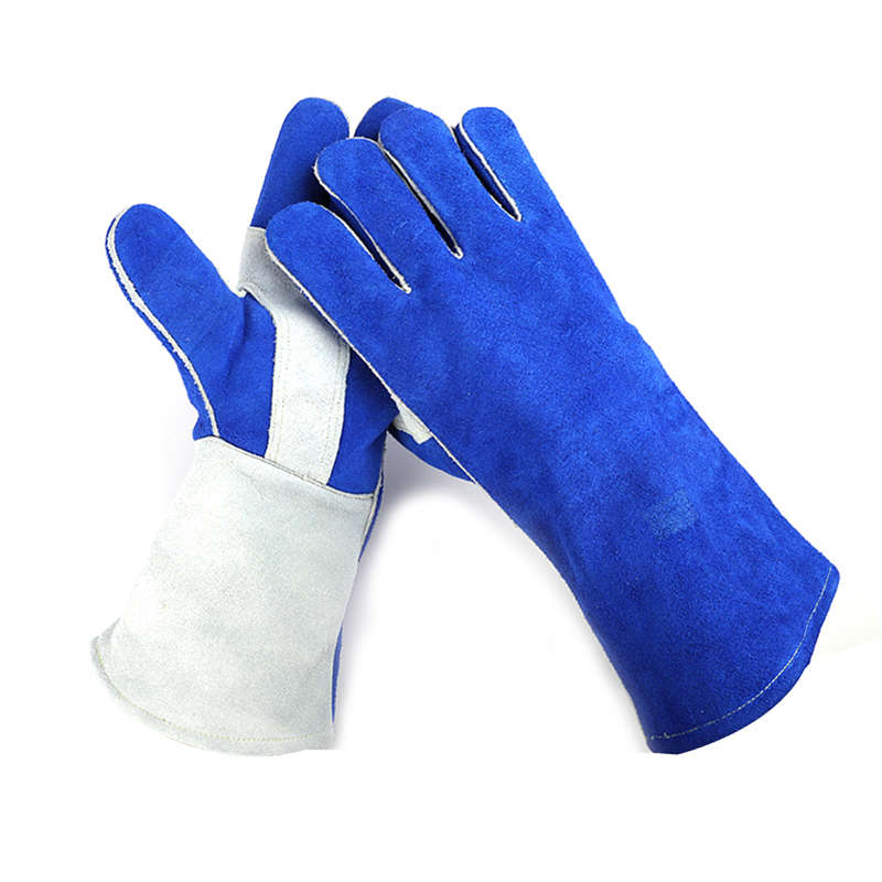 14 inch royal blue cowhide leather fire protection safety welding gloves