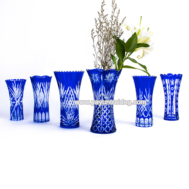 cobalt blue hand engraved elegant glass flower vase