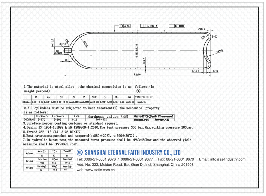 EN & ISO98091 standard gas cylinder size chart φ232 40L 200Bar
