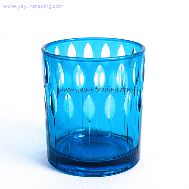 Blue Serious Leaf Pattern Hand Made Glass Candle Vessel for Home Decoration