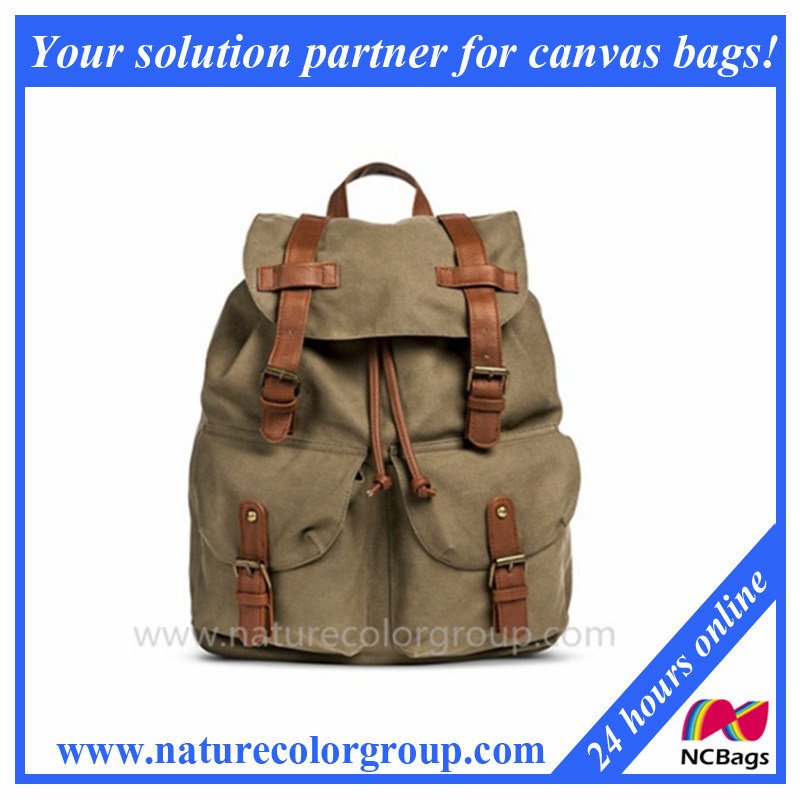 Women′s Canvas Backpack with Drawstring Closure-Olive