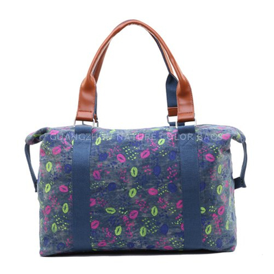 SP7083 Fashion printed denim handbag travel duffle bag with faux leather for hiking
