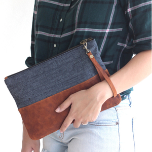 Leather Wristlet Clutch,Denim Purse,Jean purse