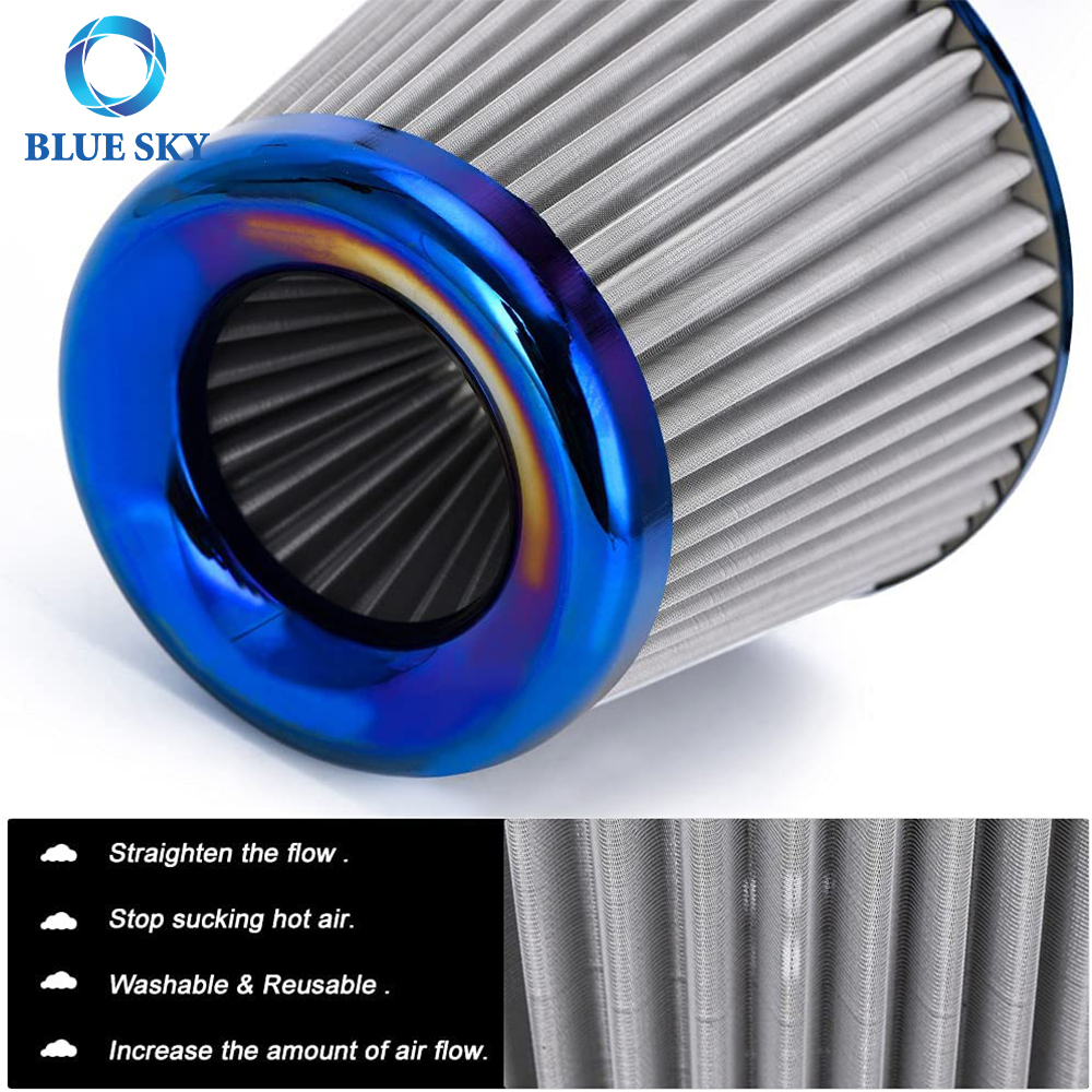 Elemento de filtro de aire de malla de acero inoxidable azul con cabeza de hongo de coche de alto flujo de admisión modificada de 76mm y 3 pulgadas personalizada