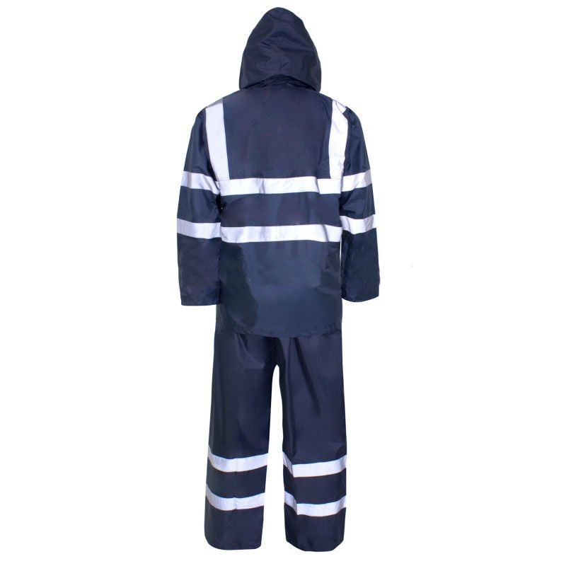 navy blue rain suit with reflective tape pvc two piece raincoat