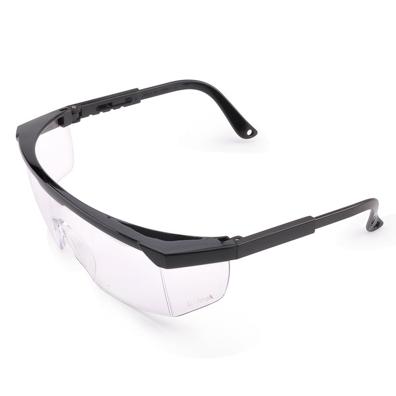 CE EN 166F ANSI Z87.1 clear PC lens adjustable legs safety goggles